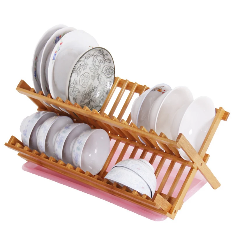

Economical Bamboo Foldable Dishes Drainer Wooden Plates Mugs Rack Stand Holder 2-Tier Folding Kitchen Supplies ds99