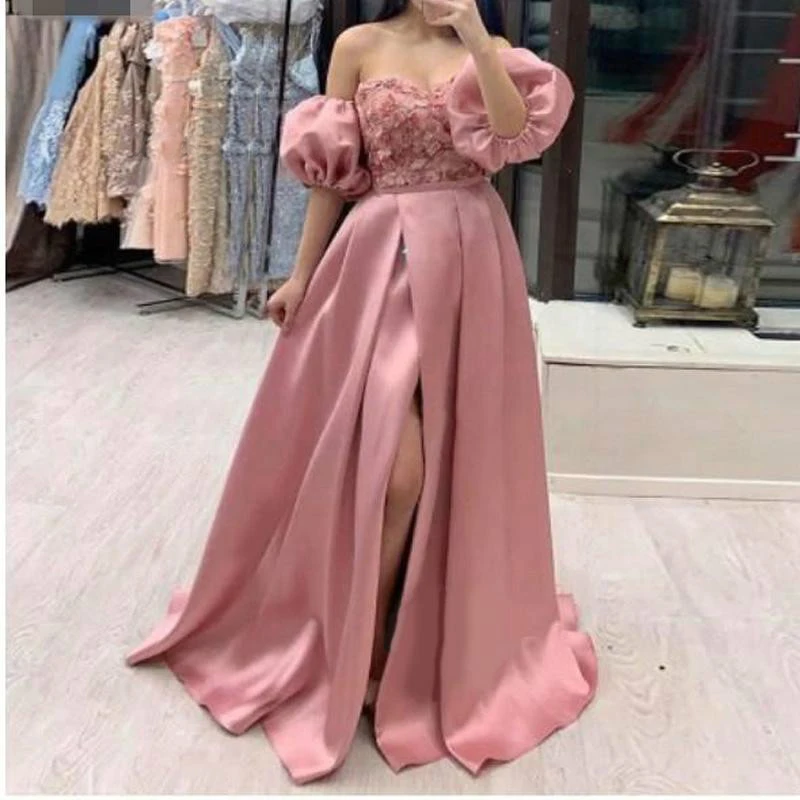 

Pink Prom Dress With Removeable Sleeves Sexy Split Lace Evening Dresses Cheap Sweetheart Long Formal Gowns Custom Size