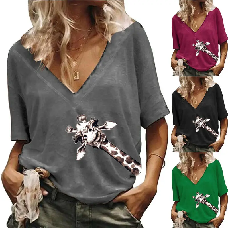 

Women Loose Baggy V-Neck Giraffe Print T-Shirt Summer Casual Short Sleeve Blouse
