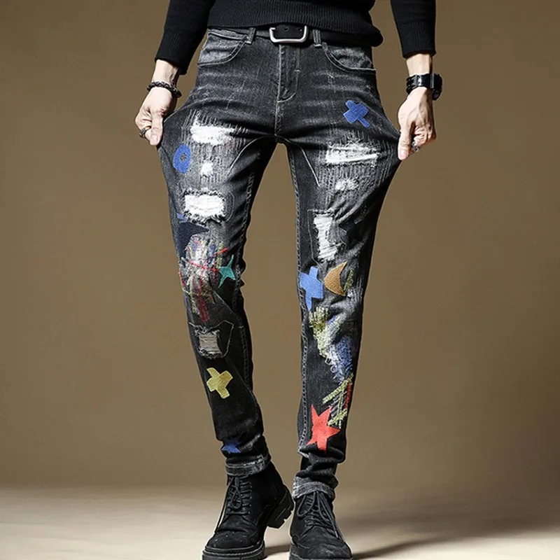 

Fashion Mens Hole Ripped Jeans Slim Fit Stretchy Embroidery Pencil Pants Casual Streetwear High Quality Skinny Denim Pants 38