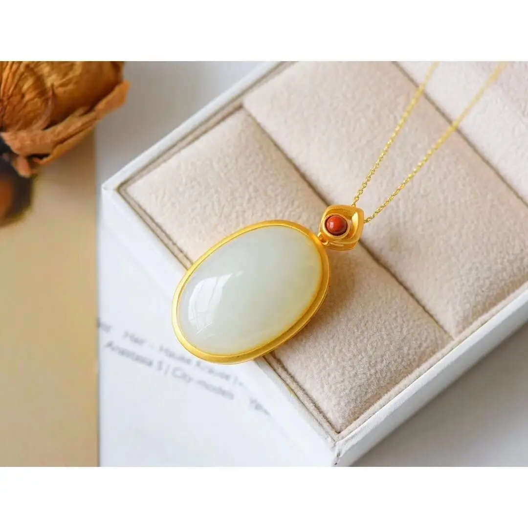 

Natural Hetian White Jade Oval S925 Sterling Silver Pendant Jade Delicate Inlaid South Red Buckle Silver Jewelry