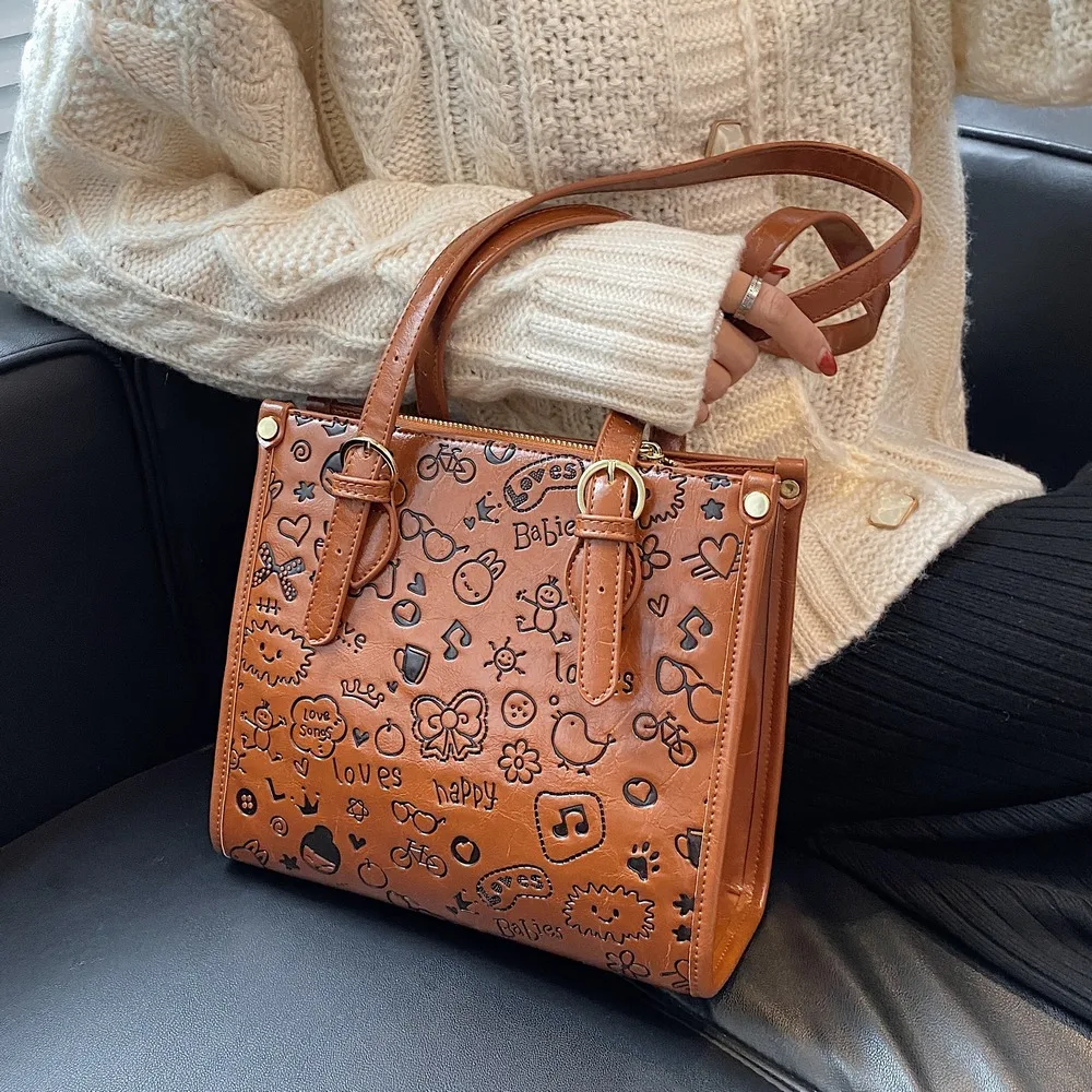 

Сумка-тоут женская, с мультипликационным принтом, в стиле ретро, сумка через плечо из искусственной кожи