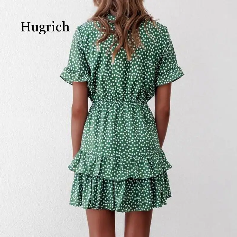 

2020 Fashion Women Polka Dot Boho Ruffle Mini Dress Knot V-Neck Party Summer Beach Holiday Dresses Women Vestidos