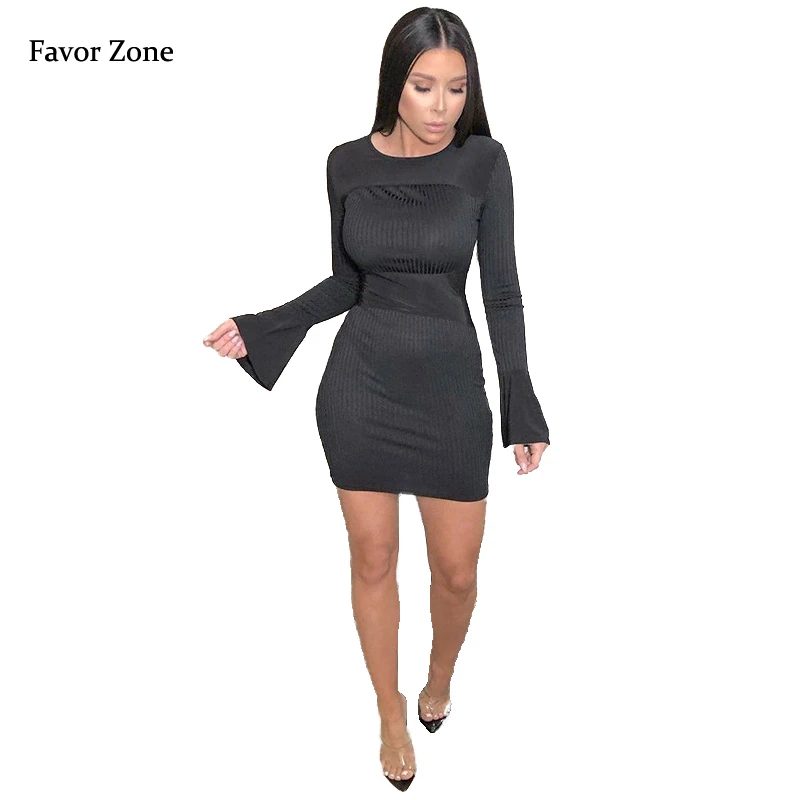 Черное платье с длинным Расклешенным рукавом и круглым вырезом|Женские платья| |