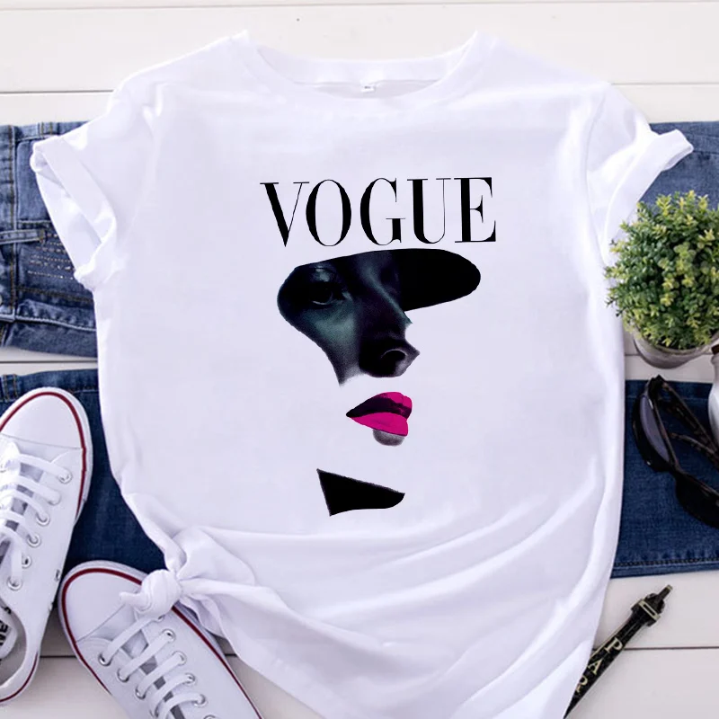

Women's VOGUE Printing T shirt Harajuku Trend Style O-Neck T-Shirt Woman Summer Short Sleeve Casual Streetwear white Tee Tops