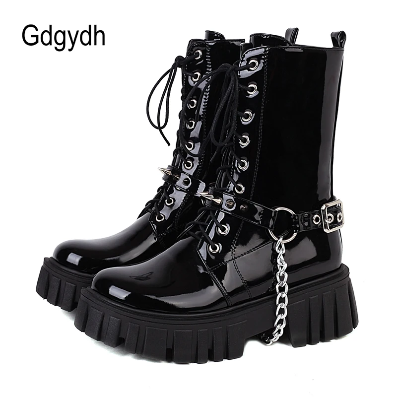 

Gdgydh Metal Chain Decoration Women Punk Motorcycle Boots Platform Square Heel Studded Ankle Buckle Trend Designer Biker Shoes