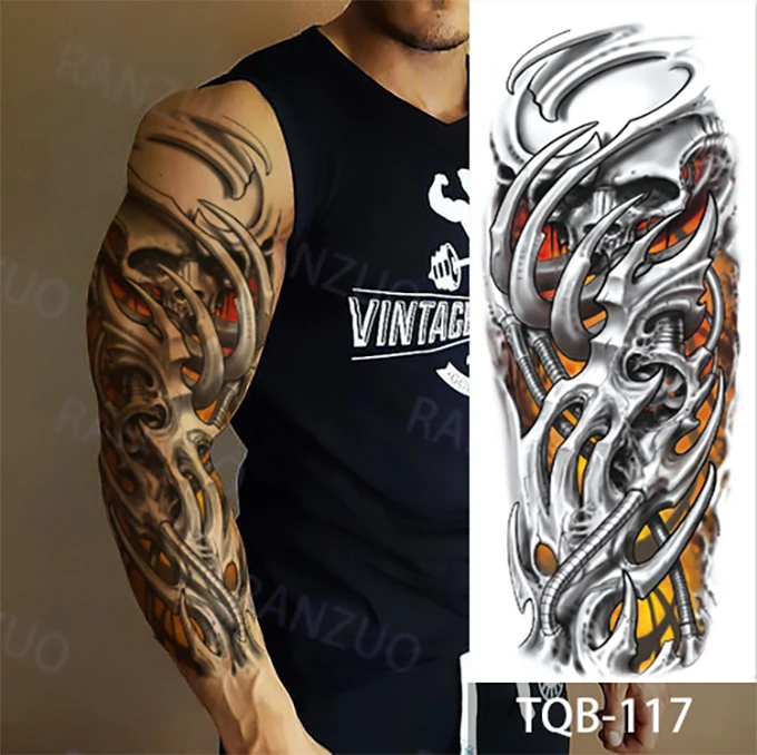 Mechanical Skull Wolf Rose Fake Tattoo