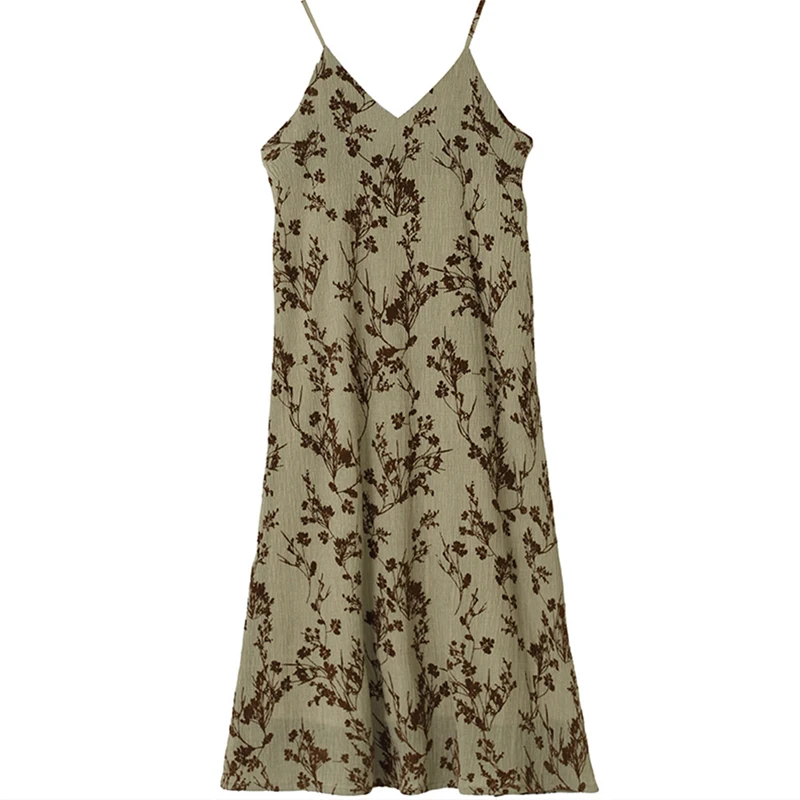 

Johnature Vintage Simple Spaghetti Strap V-neck All Match Print Dress Women 2021 Spring Summer New Loose Korean Dresses