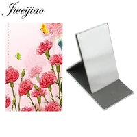 youhaken carnation pattern makeup small makeup mirror stainless steel leather gift for friends girl pocket travel wallet mirror