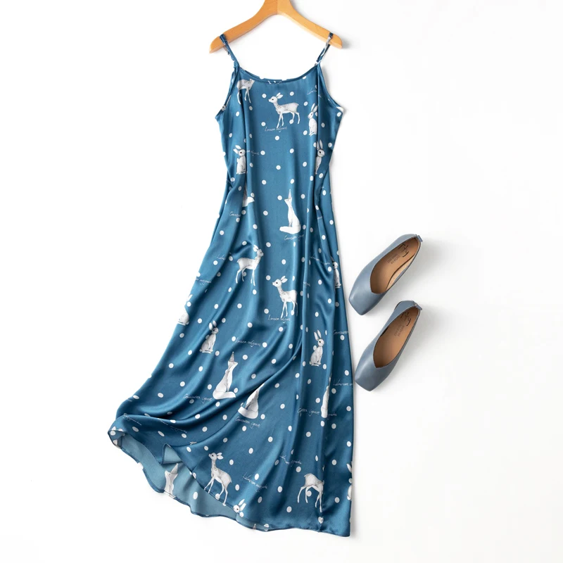 

SHUCHAN Office Lady Dress Mid-Calf Spaghetti Strap Cartoon Sleeveless Loose Waist Pullover Dresses Women O-Neck Beach Style