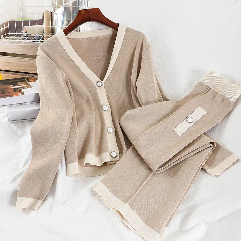 

2021 Autumn New Suit V-Neck Chic Exquisite Button Panelled Knitted Cardigans Straight Wide Leg Pant Casual 2 Piece Set Khaki Top