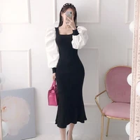 women spring autumn midi knit dresses new 2021 lantern sleeve elegant office lady clothes slim vestidos female