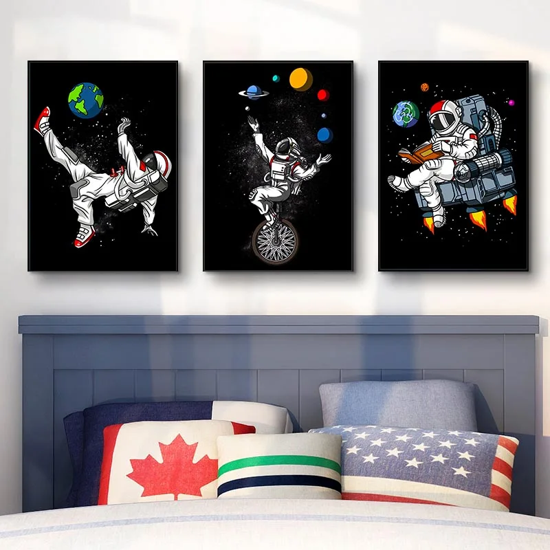 

Kids Room Astronaut Travels In Outer Space Posters Wall Art Canvas Paintings Cartoon Style Pictures Children Bedrrom Wall Decor