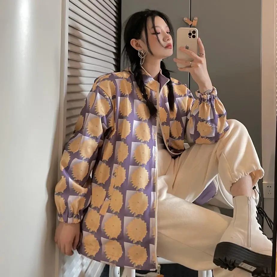 

Women 2021 Fashion Loose Double-Sided Printing Jacket Coat Vintage High Neck Long Sleeve Female Outerwear Chic Tops Harajuku