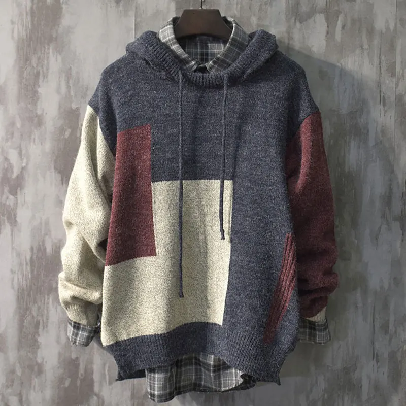 

Hooded Knitted Sweater Men Casual Slim Fit Mens Pullover Jumper Sweaters Coat Autumn Streetwear Patchwork Tracksuit Pull Homme