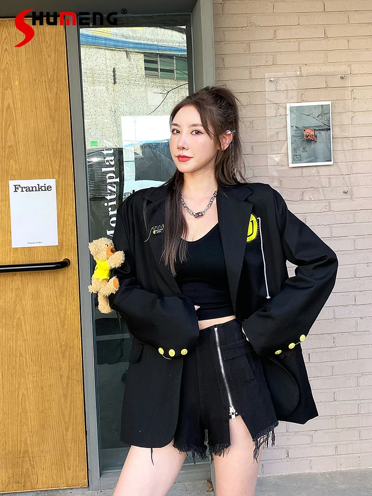 

2021 Autumn New Three-Dimensional Decoration Patch Suit Jacket Women's Black Loose Rhinestone Beaded Blazer for Female