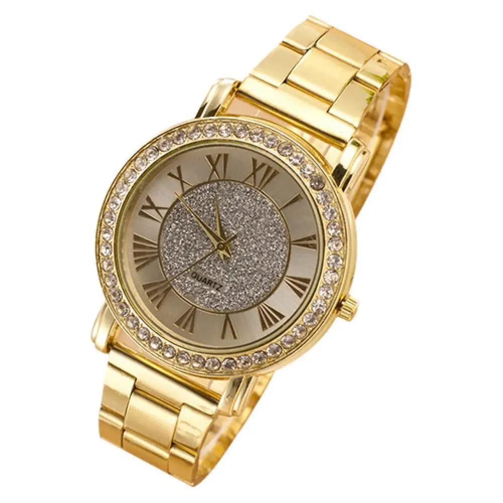 

50% Hot Sales Men's Retro Golden Color Shiny Rhinestone Alloy Band Analog Quartz Wrist Watch