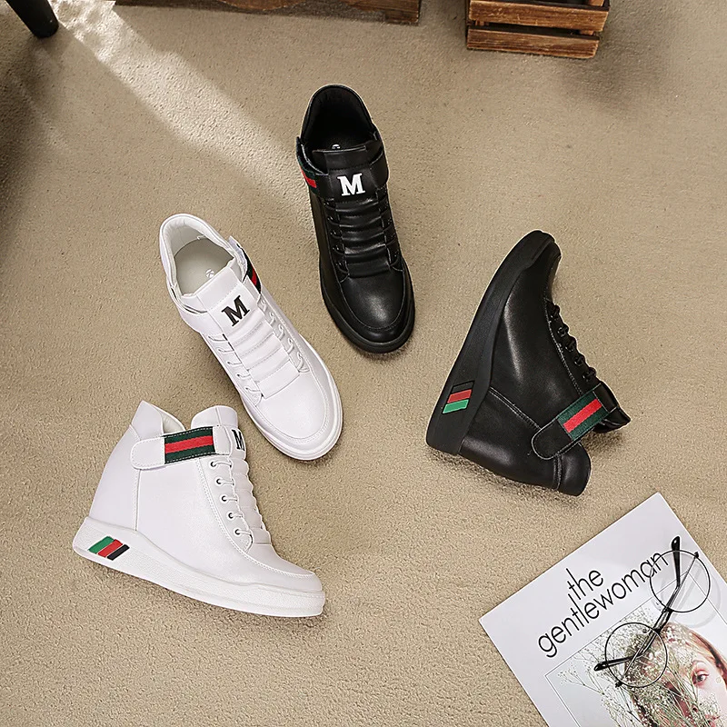 

High Heel Increasing Ladies Sneakers Shoes Female Women Leather Vulcanized Shoes Casual Wedge Platform Shoes