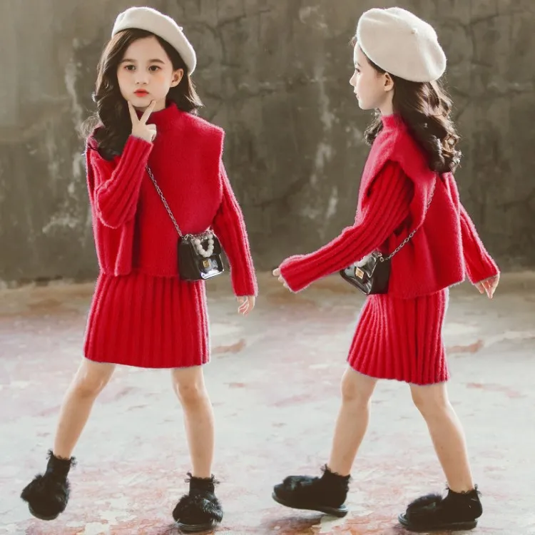 Комплект одежды для девочек осень 2021 теплый плотный вязаный свитер платье