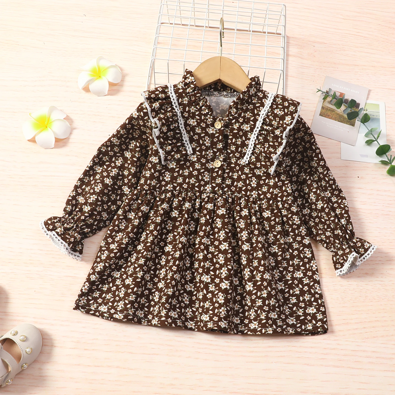 

Infant Casual Ruffle Dress, Girls Floral Print Puff Sleeve Round Neck Button Girls Casual Dresses 2021New Fashion