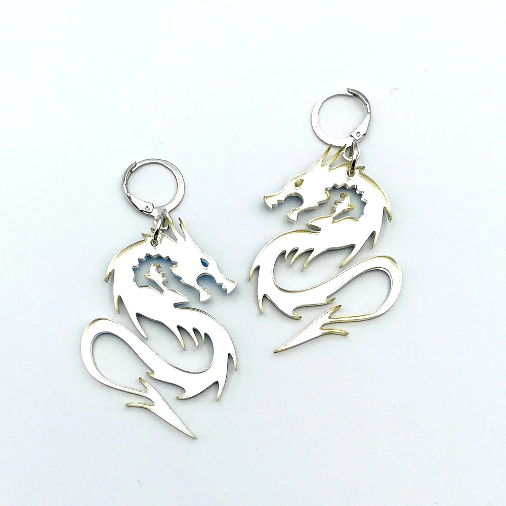

Women Fashion Mythical Creatures Earrings Exaggerated Cool Long Tassel Silver Color Mirror Surface Dragon Acrylic Earrings