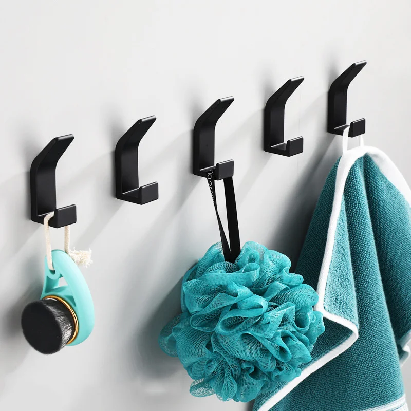 

No Drilling Double Hook Black White Towel Hook For Bathroom Clothes Coat Hook Bedroom Robe Hook Livingroom Kitchen Accessories
