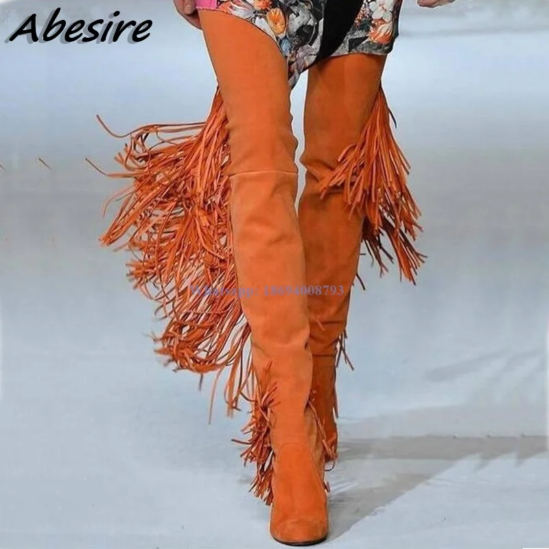 

Abesire New Long Boots Orange Heel Fringe Suede Side Zipper Thigh High Over The Knee Shoes For Women Big Size botas de mujer