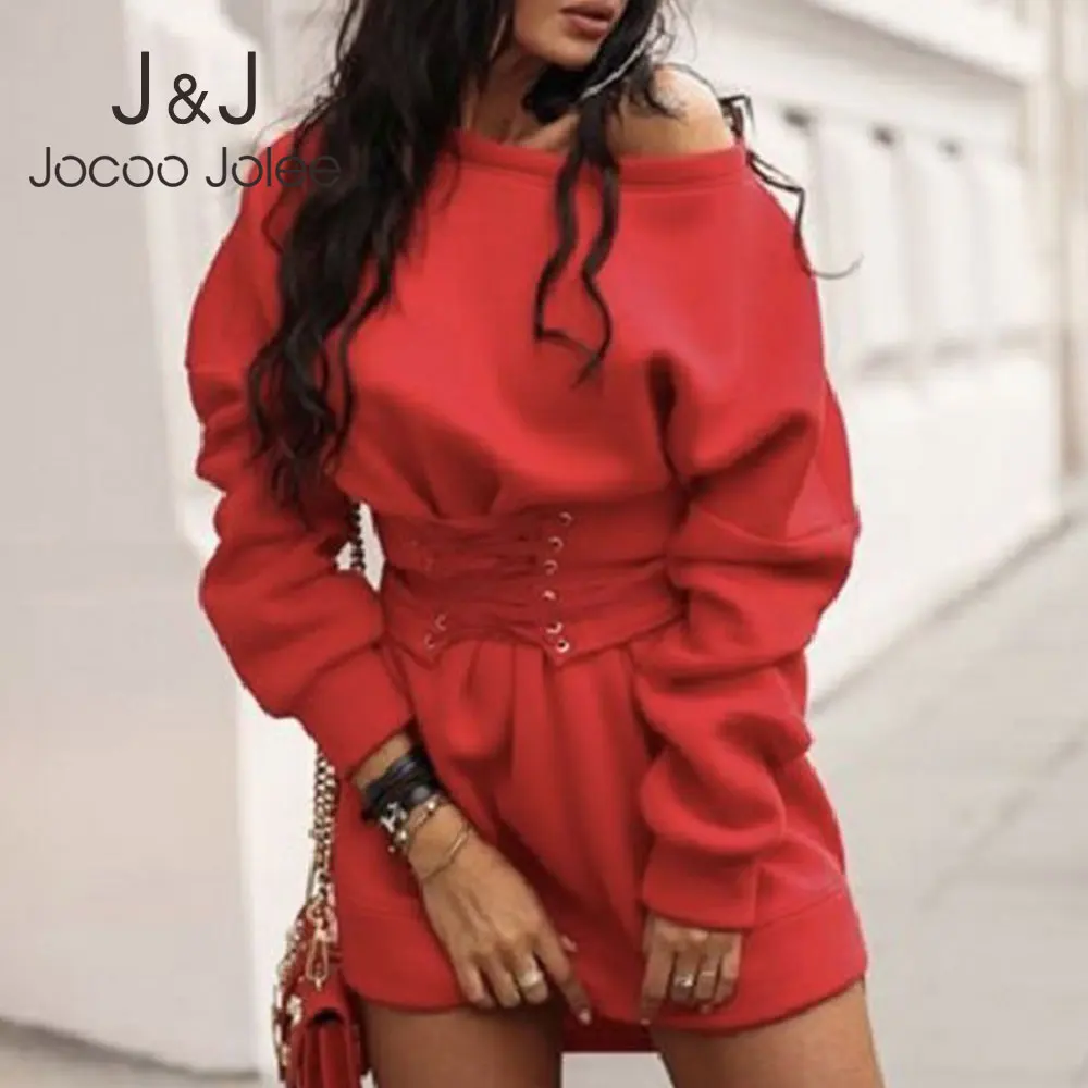 Женское платье с капюшоном Jocoo Jolee однотонное флисовое плотное круглым вырезом и