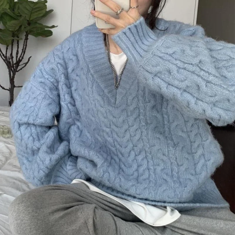

Namou Drane Autumn and Winter V-neck Twist Sweater 2021 New Retro Knit Sweater All-match Lazy Blouse Female Outer Wear