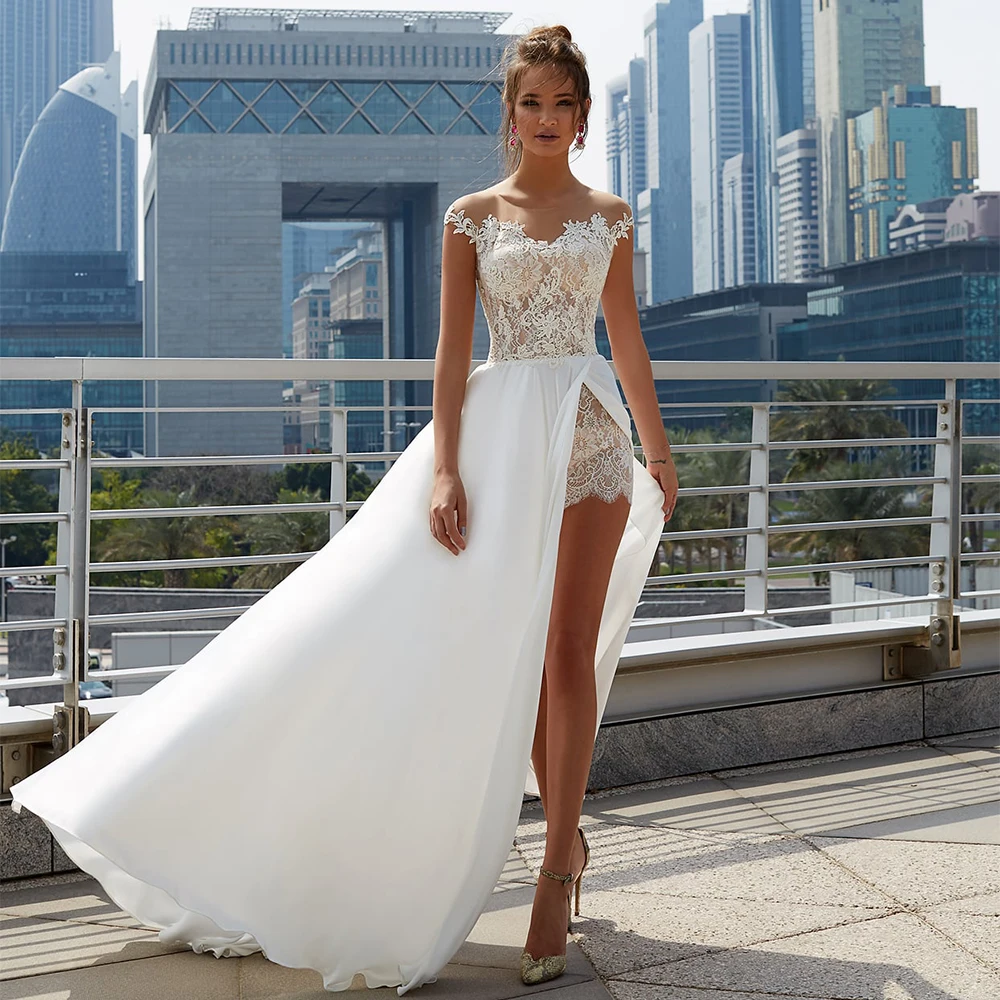 Сексуальное свадебное платье с высоким разрезом по бокам 2021, прозрачное пляжное платье трапециевидной формы с круглым вырезом и коротким рукавом...