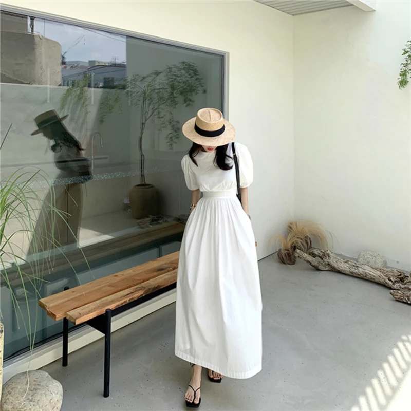 

2021 Summer New Fashion Chiffon Elastic High Waist Dresses Women Puff Sleeve O Collar A-line Clothing M105