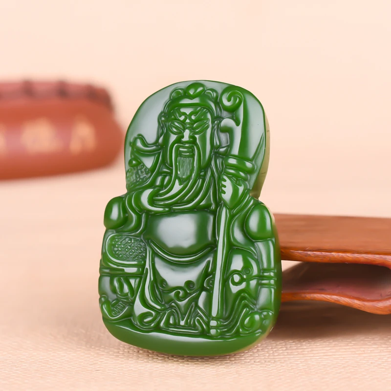Китайский натуральный зеленый нефрит Гуань Юй кулон ожерелье ручной резки