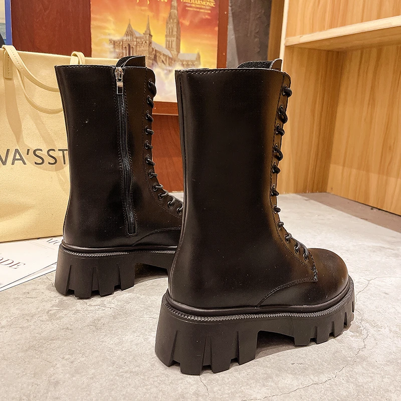 

Женские ботинки на плоской подошве, зимние водонепроницаемые черные ботинки из кожи в стиле панк, до середины икры