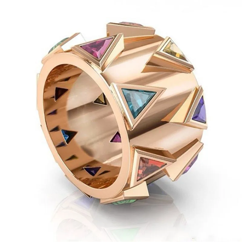 

Unique Style Women Triangle Gold Ring Crystal Multicolor Zircon Stone Rings for Party Wedding Banquet Jewelry Accessories