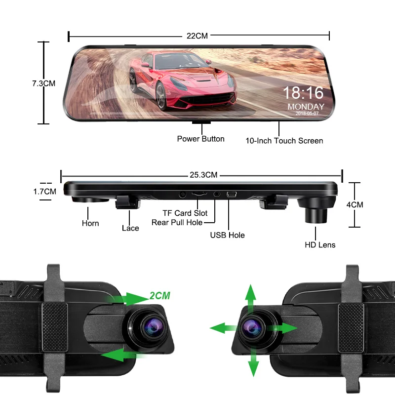 Зеркало заднего вида E-ACE видеорегистратор с камерой 10 0 дюйма FHD 1080P двойным