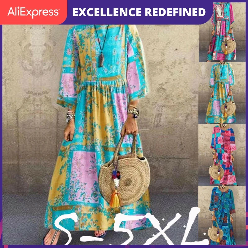 Стильное модное женское повседневное Свободное длинное платье в стиле бохо с
