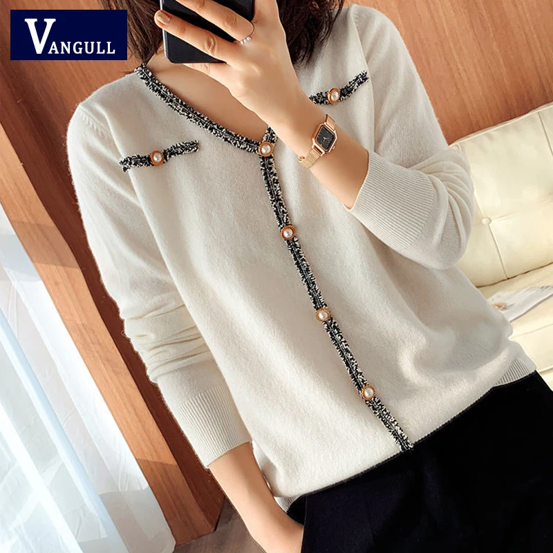 

Vangull England Style Patchwork Women Sweater 2021 Autumn V-neck Knitted Female Sweater Long Sleeve Button Ladies Loose Sweater
