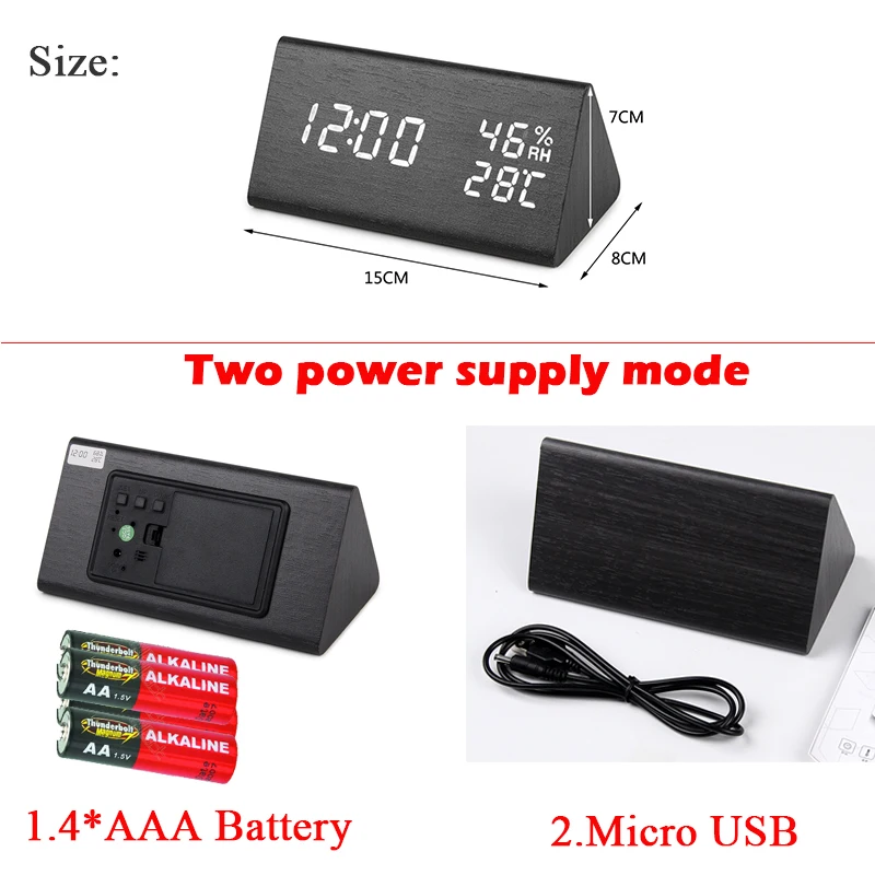

LED Wooden Alarm Clock Table Voice Control Digital Clock Temperature Humidity Despertador Desktop Clock Plug in the power