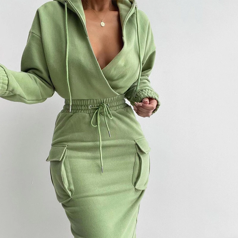 

Fashion New Collect Waist Long Hooded Sweatshirt Women Long Sleeve Big Pocket Solid Hoodies Dress Female Slim Bodycon Dress