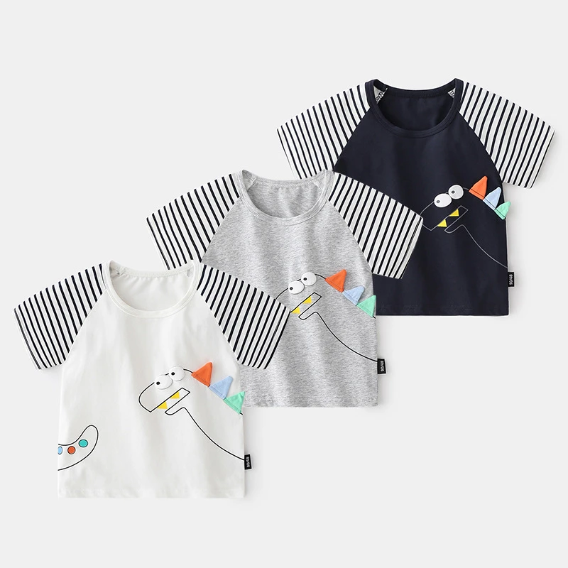 

Детская одежда новая Корейская хлопковая Детская рубашка с рукавами реглан в западном стиле футболка для мальчиков с динозавром летние кор...