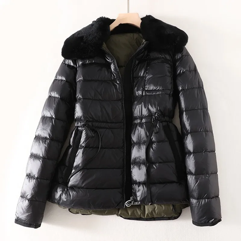 

Winter Duck Down Jacket Women Casual Solid Color Detachable Fur Collar Down Jacket Lapel Long Sleeve Snap Placket Waist Drawcord