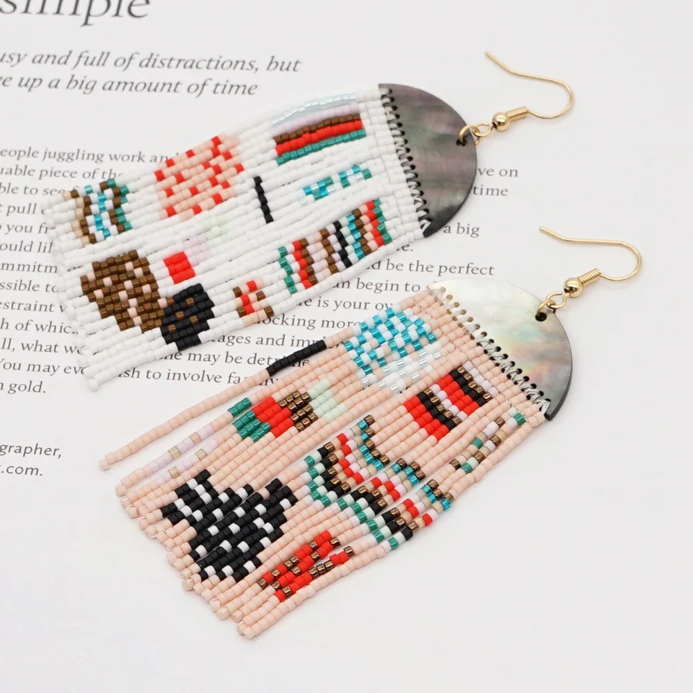 Плетеные ретро-серьги с рисовыми бусинами Miyuki, геометрические узоры контрастных цветов в богемном этническом стиле, Серьги-кисточки женски...