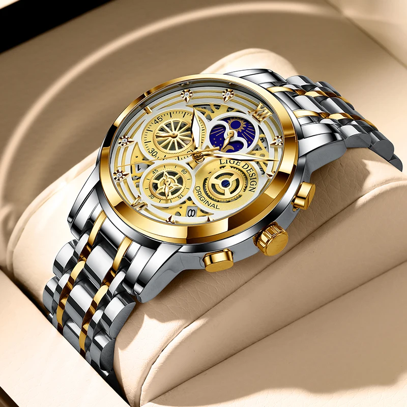 

LIGE 2021 New Fashion Men Watch Stainless Steel Top Brand Luxury Waterproof Sports Chronograph Quartz Hollow Watch Reloj Hombre