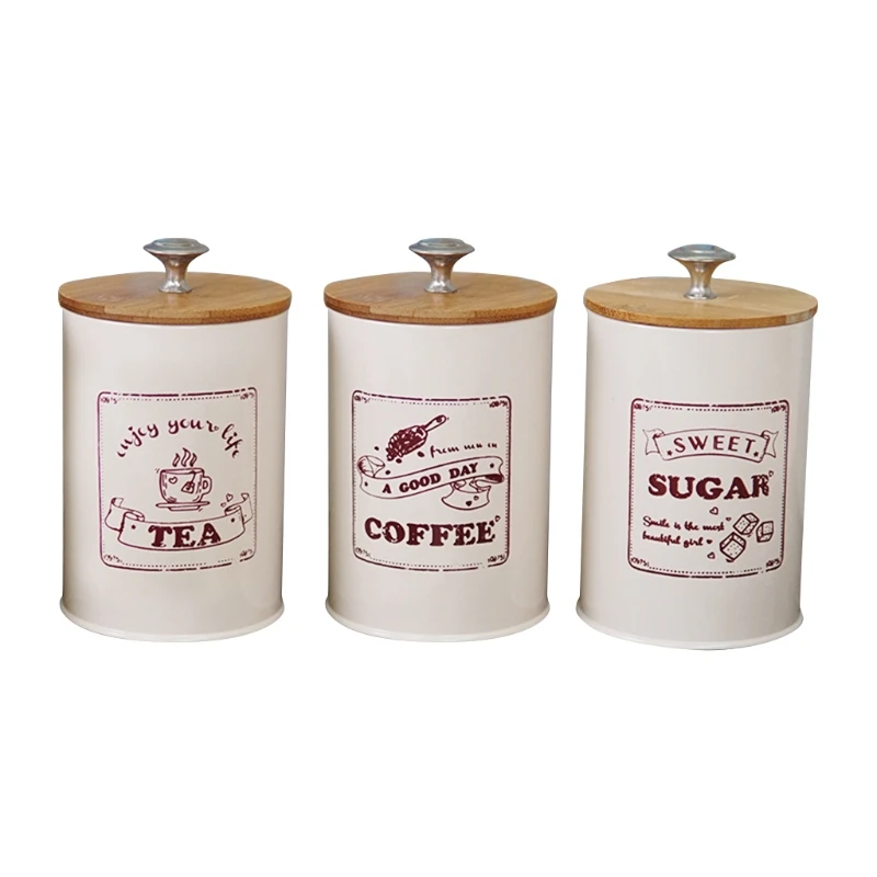 

3pcs Wood Lid Iron Airtight Canister Kitchen Storage Bottles Jars Food Container 4XFA