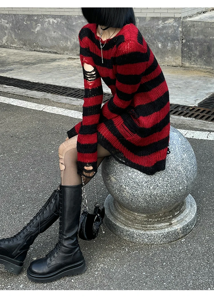 Осенне-зимний Готический Популярный Топ Harajuku с черным рваным подолом для девушек