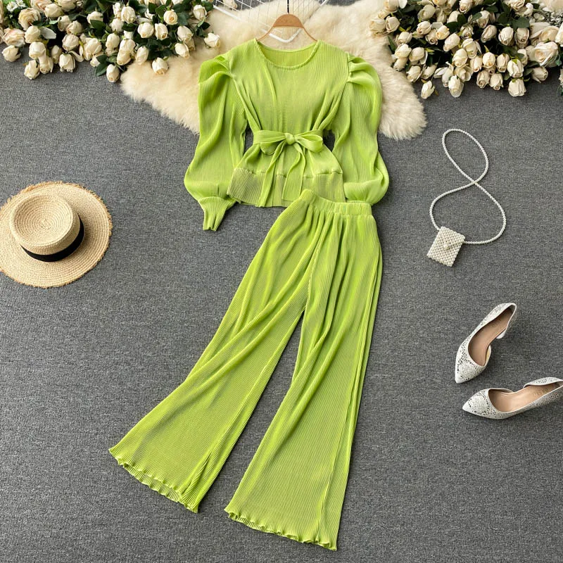 

Women's Summer New Fashion Round Neck Pleated Chiffon Long Sleeve Tops Shirts + Wide Leg Pants Solid Color Two-piece Sets T341