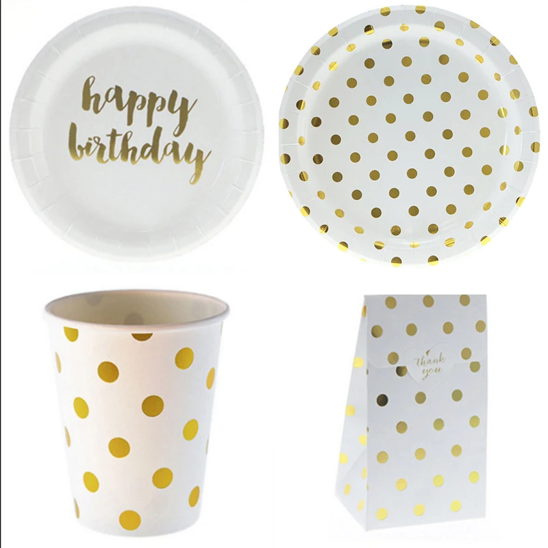 Одноразовая посуда из золотой фольги в горошек белые бумажные стаканчики