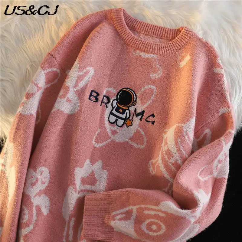 

Cartoon Embroidery Sweater Japanese Student RoundNeck Loose knit pullover Sweethearts High Street Gothic style Tops AutumnWinter