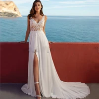 simple chiffon wedding dresses for bride slid side 2022 lace appliques sleeveless court train button back white bridal gowns