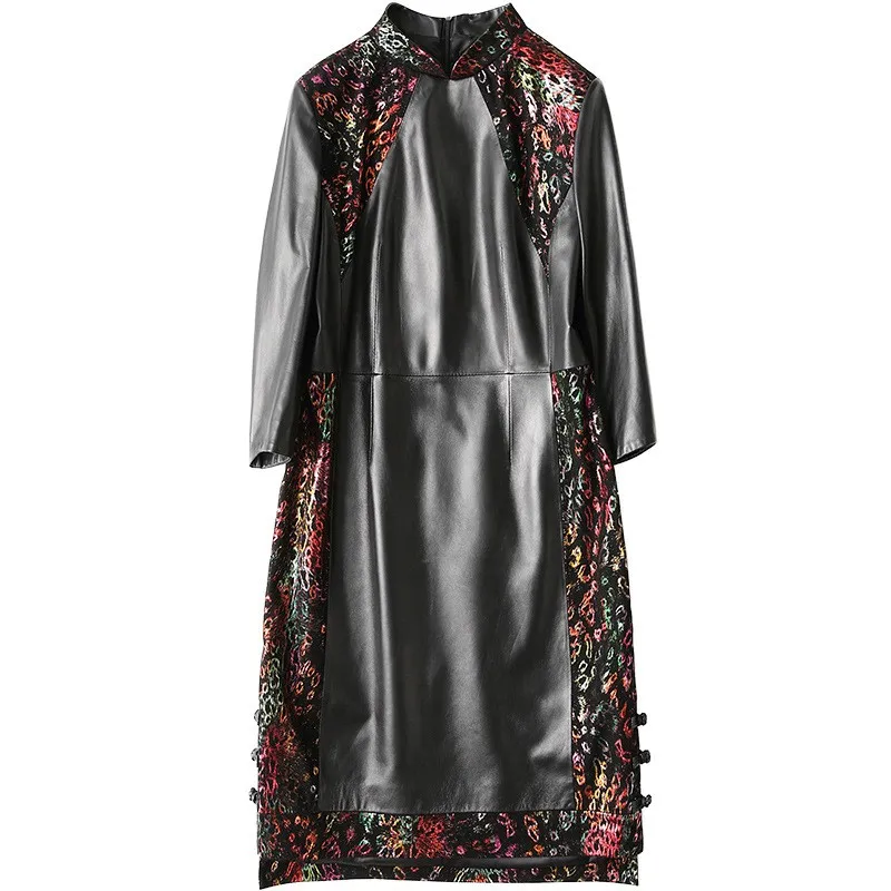 

Vintage Elegant Autumn Womens Printed Patchwork Sheepskin Dresses Slim Genuine Leather Stand Collar Female Cheongsam Plus Size